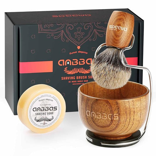 Anbbas Badger Hair Shaving Brush with Wood Handle,Large Soap Bowl,Stainless Steel Shaving Stand and 3.5 oz Natural Shaving Soap Puck Refill for Men