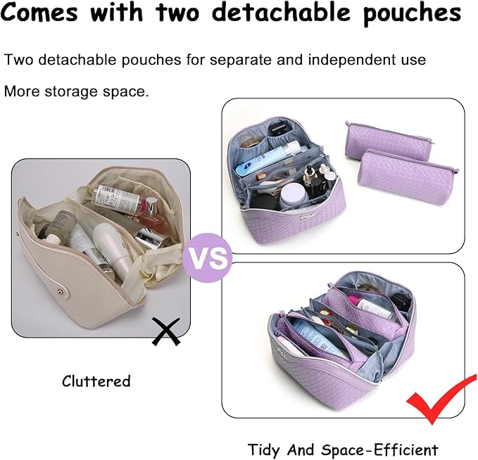 BOYATU Travel Makeup Bags for Women: Large Make up Bag Set of 3 - Vegan Leather Cosmetic Bags - Waterproof Toiletry Organizer (L04 Violet Purple)