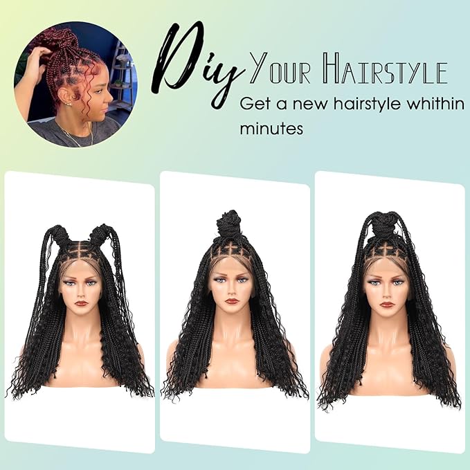 18" 13x8 Inch HD Lace Front Boho Box Braided Wigs With Cruls Ends Short Knotless Box Braid Wig for Women Full Braided Lace Front Wig With Baby Hair Burgundy Natural Color