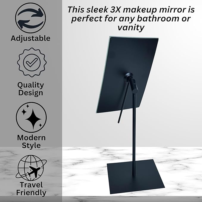 JERDON Rectangular Tabletop Vanity Makeup Mirror - 3X Magnification with Black Finish - 5-inch by 8-inch Vanity Mirror - Pivot Adjustment - Model JP358BK