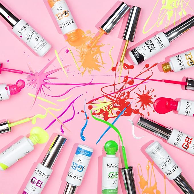 RARJSM Painted Nail Polish Set, 12 Colors Neon Pink Yellow Green Glitter Silver Gold Nail Art Painting Manicure Tools DIY Drawing Nail Gel for Line UV LED Required