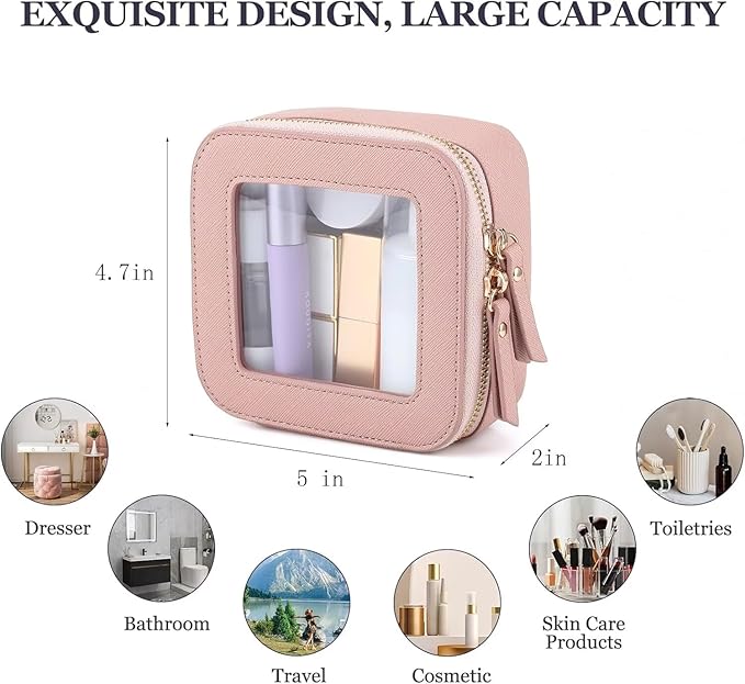 Small Clear Makeup Bag Travel Cosmetic Case, Portable Make Up Organizer Traveling Compact Car Bag for Essentials Transparent Toiletry Bag with Zipper