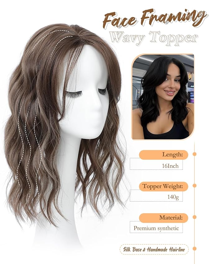 PANEWAY Hair Topper 16Inch Hair Toppers For Women Wavy Curly Brown Highlights Clip In Synthetic Wiglets Hair Pieces For Women