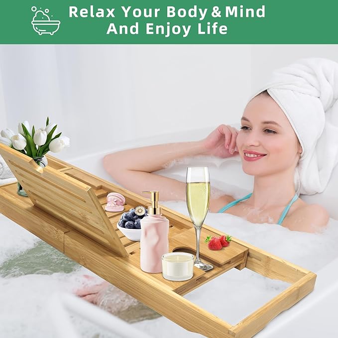 Bathtub Tray, Foldable Bath Tray for tub, Bamboo Bathtub Trays for tub, Luxurious Bath Accessories with Wine, Book & Tablet Holder - Expandable Size Fits Most Tubs - Wedding Gifts