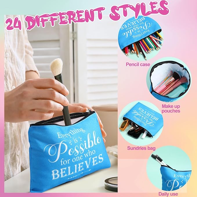 24 Pcs Christian Makeup Bag Bible Cosmetic Bags Inspirational Bible Verse Toiletry Pouches Canvas Motivational Pouches with Zipper for Women Organize Cosmetics Toiletries Stationery(Colorful)