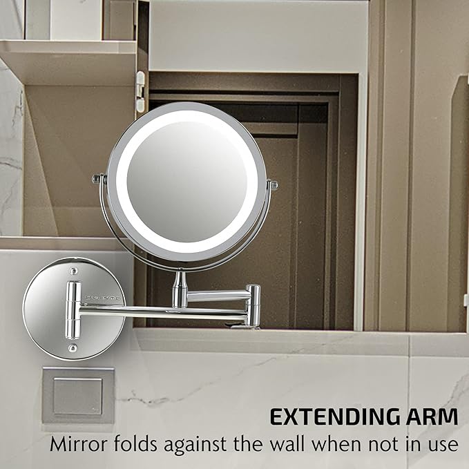 OVENTE 7" Lighted Wall Mount Makeup Mirror with 1X/7X Magnification, Cordless Double Sided Magnifying Round Vanity Mirror, 360° Swivel Design, Extendable and Folding Arm, Polished Chrome MFW70CH1X7X