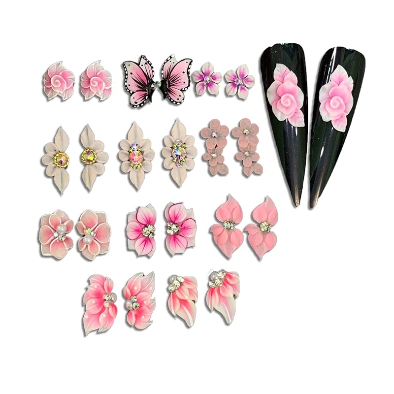 Sett 3D Acrylic Pink Flower Nail Art Charms Handmade by Acrylic Powder - 24pcs 3D Flowers Nails Rhinestones Kit 3D Crystal Nail Pearls Design Acrylic Nail Art for Women (Pink)