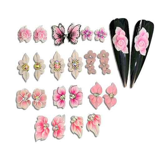 Sett 3D Acrylic Pink Flower Nail Art Charms Handmade by Acrylic Powder - 24pcs 3D Flowers Nails Rhinestones Kit 3D Crystal Nail Pearls Design Acrylic Nail Art for Women (Pink)