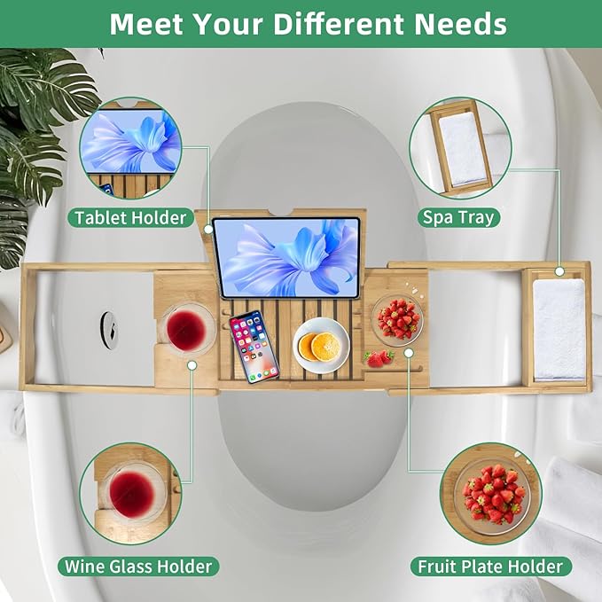 Bathtub Tray, Foldable Bath Tray for tub, Bamboo Bathtub Trays for tub, Luxurious Bath Accessories with Wine, Book & Tablet Holder - Expandable Size Fits Most Tubs - Wedding Gifts