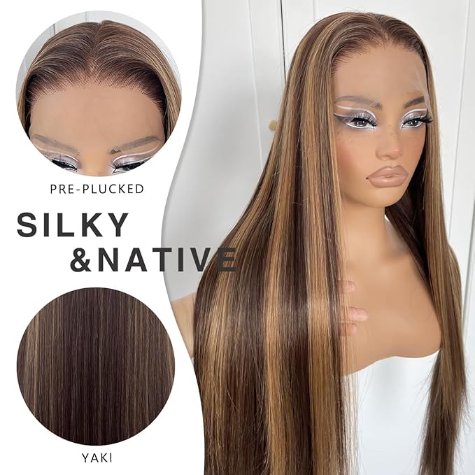 13x6 Honey Blonde Lace Front Wig Pre Plucked Glueless Highlight Straight Lace Front Wig 180 Density Color Long Straight Yaki Synthetic HD Lace Front Wig 32inch