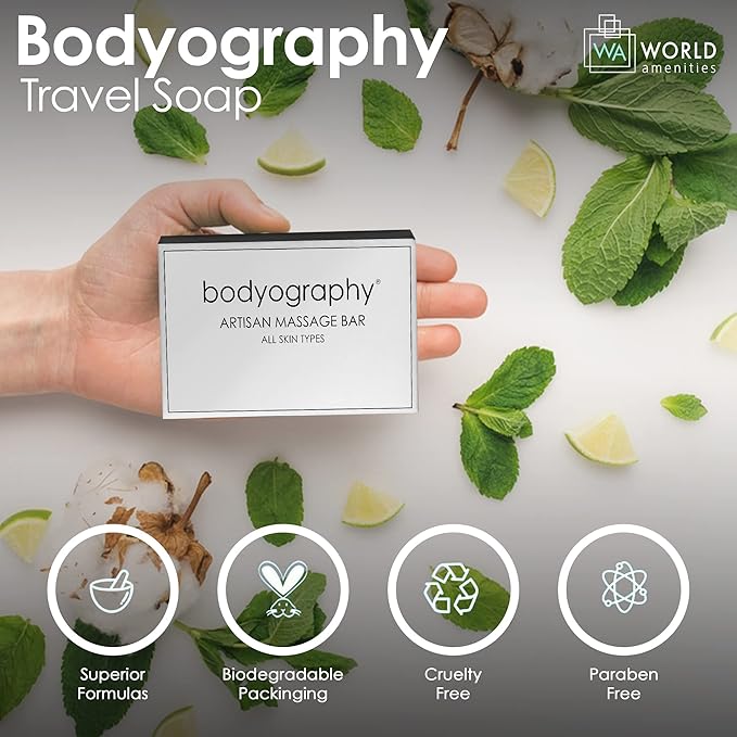 Bodyography Blanc-Bulk Artisan Massage Bar|200 Count, 1.8 oz Vanilla White Tea, Mini Travel Size Toiletries 100% Recyclable Individually Boxed Hotel Amenities, for All Skin Types