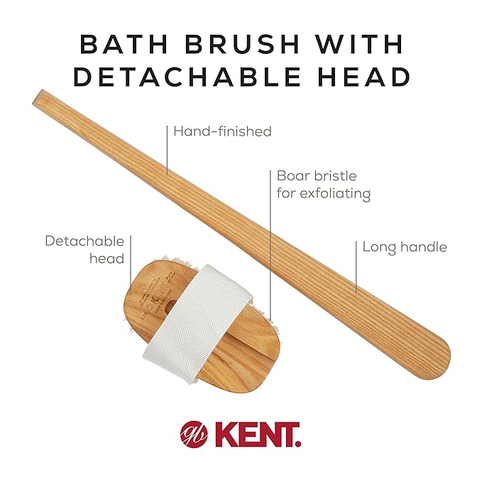 Kent FD3 Luxury Beechwood Body Scrubbing Exfoliating Bath/Shower Brush with 100% Pure White Bristle. Long Handle with Detachable Head, Wet/Dry Back and Skin Brushing, Body Exfoliator. Made in England