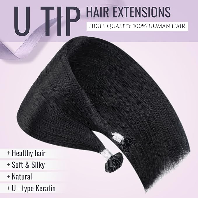 Fshine Nail Tip Hair Extensions Human Hair Jet Black 16 Inch Pre Bonded U Tip Remy Human Hair Extensions Color 1 Black Keratin Bond Real Hair Extensions Hot Fusion 50g/set 1g/s