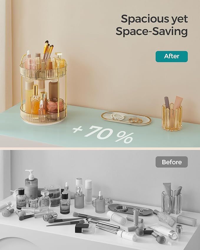 SONGMICS Makeup Organizer, 2-Tier Round Rotating Skincare Organizer Countertop, Customizable, Toiletries Vanity Organizer, Lazy Susan, Gift for Mom, Champagne Gold UJKA012A01