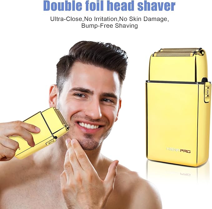 Foil Shaver for Men Barber, Double Electric Foil Trimmer, Professional Electric Razor, Close Shaver, Cordless Rechargeable with USB, Gold