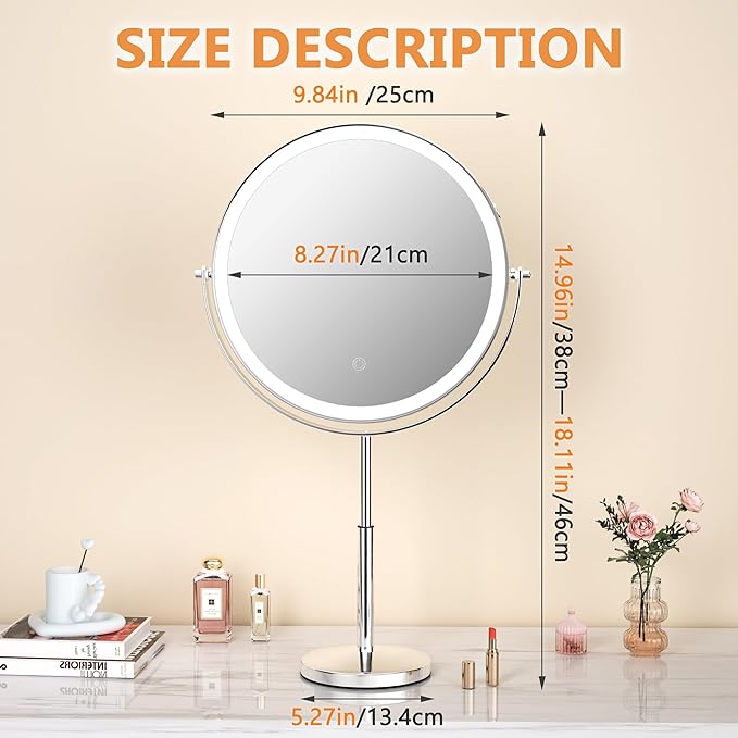 Hasipu 10-inch Lighted Makeup Mirror with Magnification, Rechargeable 3000 mAh Vanity Mirror with Lights, Desk Mirror with Dimmable Brightness, 3 Lighting Modes, Height Adjustment, 360° Rotation
