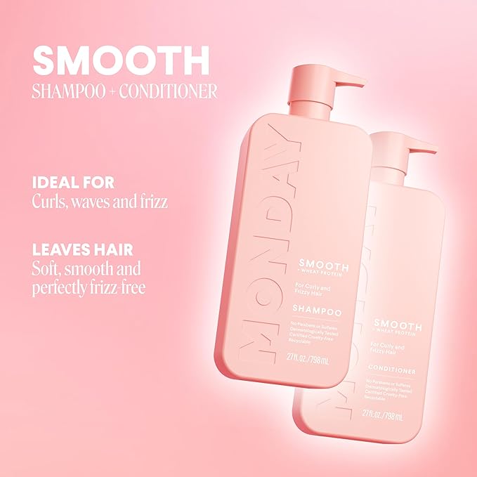 MONDAY HAIRCARE Smooth Shampoo + Conditioner Bathroom Set (2 Pack) 27oz Each for Frizzy, Coarse, and Curly Hair, Made from Coconut Oil, Shea Butter, & Vitamin E, 100% Recyclable Bottles