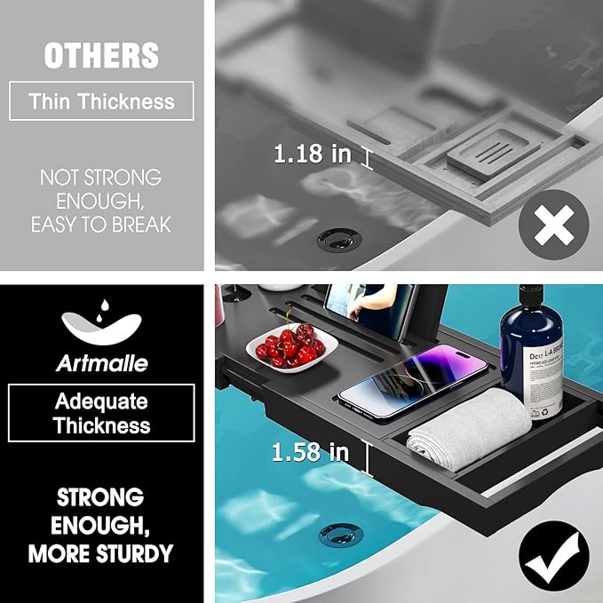 Artmalle Foldable Bathtub Tray Table, Bamboo Bathtub Caddy Tray for Tub with Book Holder for Luxury Bath, Bathroom Accessories for Women Men with Free Soap Dish (Semi-Simple, Black)