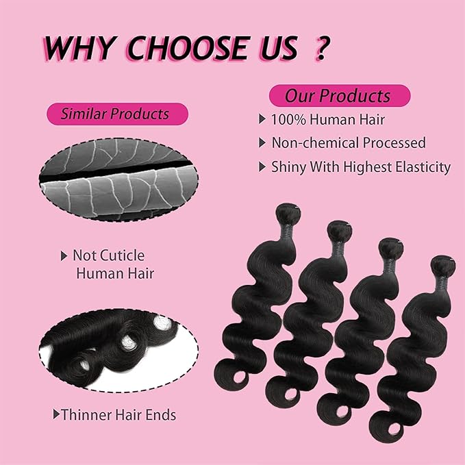 Human Hair 4 Bundles Body Wave 18 20 22 24 Inch 100% Unprocessed Brazilian Virgin Body Wavy Hair Bundles for Black Women Quick Weave Natural Black Hair