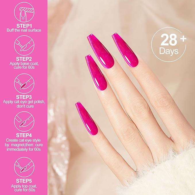 4pcs 12ML Cat Eye Gel Nail Polish with Magnet,Smooth Wide Cat Eyes Gel Polish Galaxy Soak off Holographic Cats Eye Magnetic DIY at Home-Glitter Blue Grape Green Dragon Fruit Red Romantic Purple