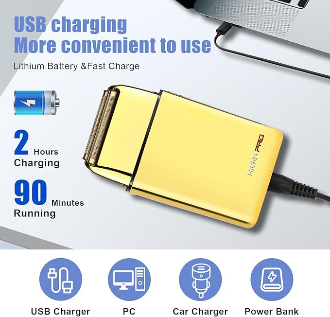 Foil Shaver for Men Barber, Double Electric Foil Trimmer, Professional Electric Razor, Close Shaver, Cordless Rechargeable with USB, Gold