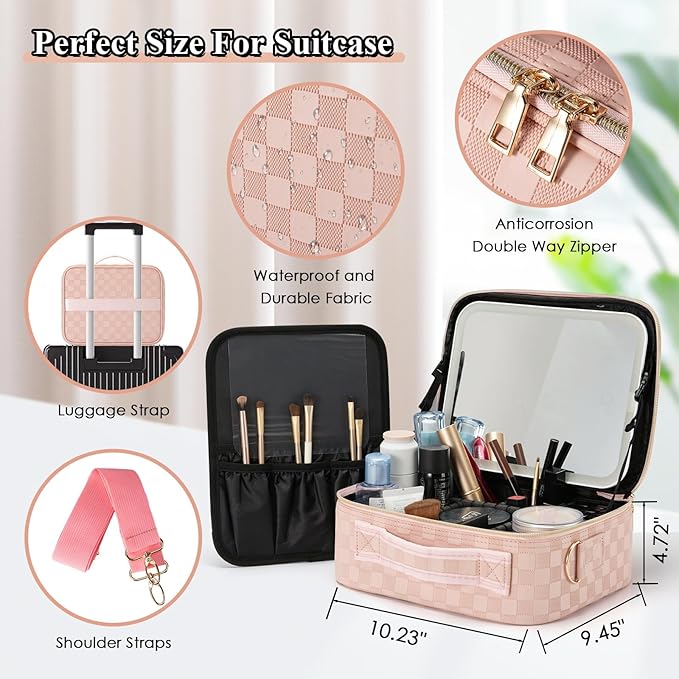 Travel Makeup Bag With LED Mirror - 3 Color Setting Cosmetic Box Organizer Vanity Case for Women Beauty Tools Accessories - Rechargeable (Pink, Middle)