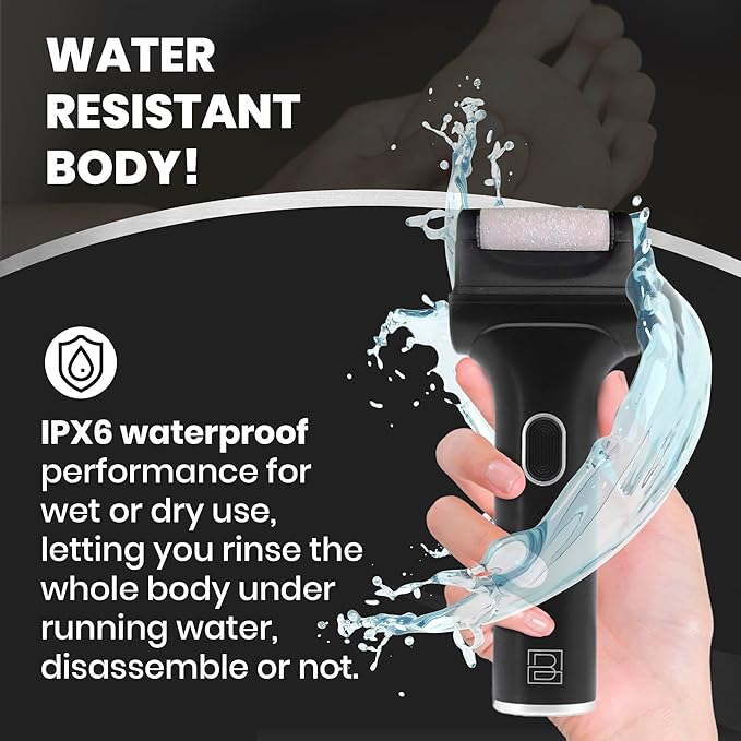 Electric Foot Callus Remover - Rechargeable/Portable Pedicure Tool - Water Resistant - Pedicure Tool Kit for Men - Three Large Wide Roller Heads - for Cracked, Dried, Rough Calluses