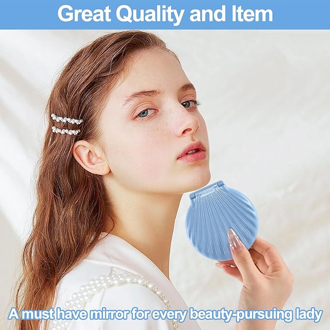 for Mom - Shell Compact Mirror Led Lighted, Magnifying Travel Mirror 10x 2X, Unbreakable Pocket Mirror for Women, Unique Mirror for Purse, Gifts for Birthday Holiday, Blue Color