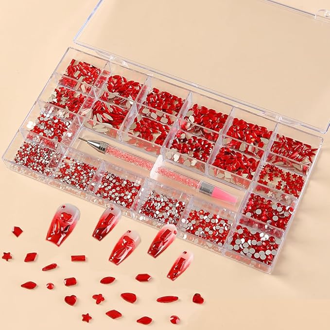 Red Nail Art Rhinestones 12 Kinds of 600 PCS + 6600 Pieces Flat Back Rhinestones Mixed Different Size Flat Back Rhinestones Crystals 3D Decoration Flat Back Stones Gemstone Set for Nail Art DIY
