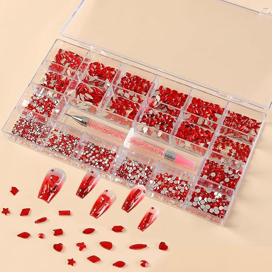 Red Nail Art Rhinestones 12 Kinds of 600 PCS + 6600 Pieces Flat Back Rhinestones Mixed Different Size Flat Back Rhinestones Crystals 3D Decoration Flat Back Stones Gemstone Set for Nail Art DIY