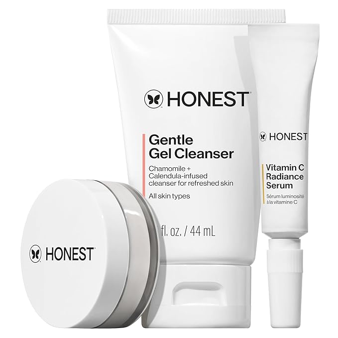 Honest Beauty The Icons Skincare Trio Travel Kit | Mini Hydrogel Cream, Gentle Gel Cleanser, Vitamin C Radiance Serum | Gentle for Sensitive Skin + Vegan
