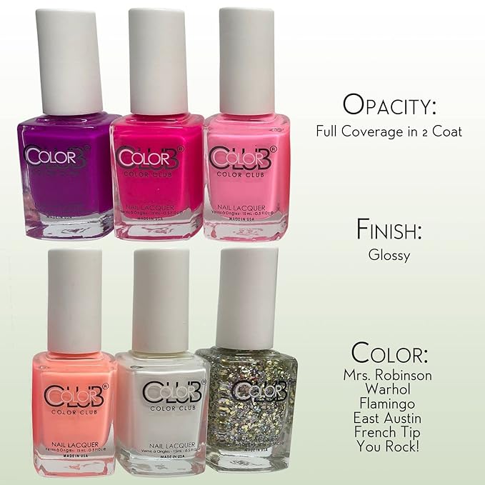 Color Club Girls Night Nail Lacquer Set of 6 - Women and Girls Light Nail Lacquer Set - Quick Dry Nail Art Manicure Set