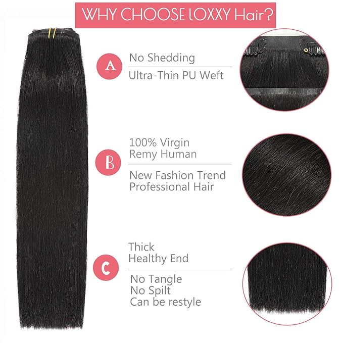 Loxxy Seamless Clip in Hair Extensions Real Human Hair Natural Black #1B 20inch Remy Clip in Human Hair Extensions for Thin Hair Pu Weft Clip on Hair Extensions Natural Hair 150gram 8pcs