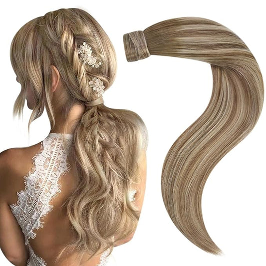 Easyouth Human Hair Ombre Ponytail Extension 14Inch 70g Clip-In Wavy Walnut Brown Ombre Blonde