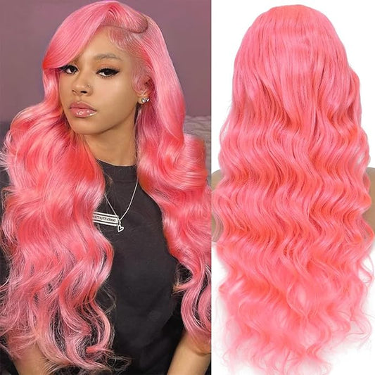 34 Inch Pink Lace Front Wig Human Hair For Black Women Hot Pink 13x6 Hd Body Wave Lace Front Wig Human Hair Pre Plucked With Baby Hair 180% Density Wear And Go Glueless Hd Full Lace Frontal