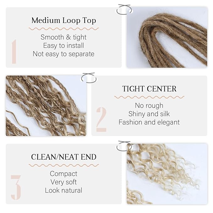 24 In Boho Braid Dreadlock Extensions, 10 Strands Brown to Blonde Synthetic Curly Dreads Extensions with Box Braid, 100% Handmade Dreads Hippie Style Dreadlocks for Woman