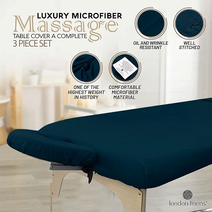 LONDON LINENS Soft Microfiber Massage Table Sheets Set 3 Piece Set - Includes Massage Table Cover, Massage Fitted Sheet, and Massage Face Rest Cover (Navy Blue)