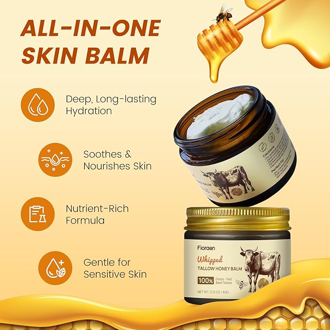 Beef Tallow for Skin 2oz, Whipped Beef Tallow and Manuka Honey Balm, Beef Tallow for Face and Body, Unscented Skin Care for Dry and Sensitive Skin, Natural Tallow Balm for Hydration and Nourishment