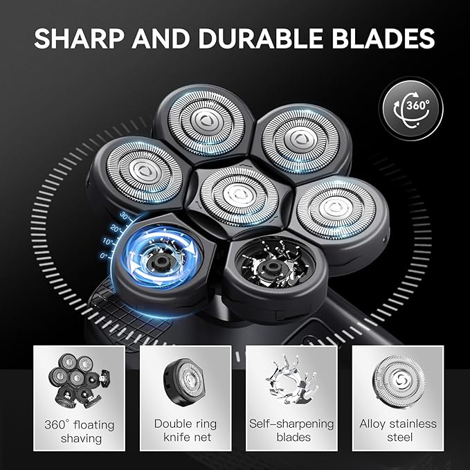 7D Head Shavers for Bald Men - 5 in 1 kensen Electric Head Hair Shaver, Head Electric Razor with Nose Hair & Beard Trimmer Cordless Rechargeable IPX6 Waterproof Wet Dry LED Display Gifts Travel Case