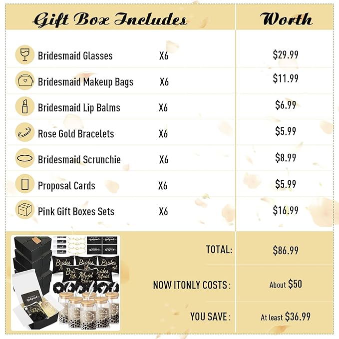 54 Pcs Bridesmaid Proposal Gifts Bridesmaid Box Set Include Bridal Shower Gift Box Makeup Bag Invited Card Glass Cup Lip Balm Scrunchie Hair Knotted Bracelet for Maid of Honor(Black)