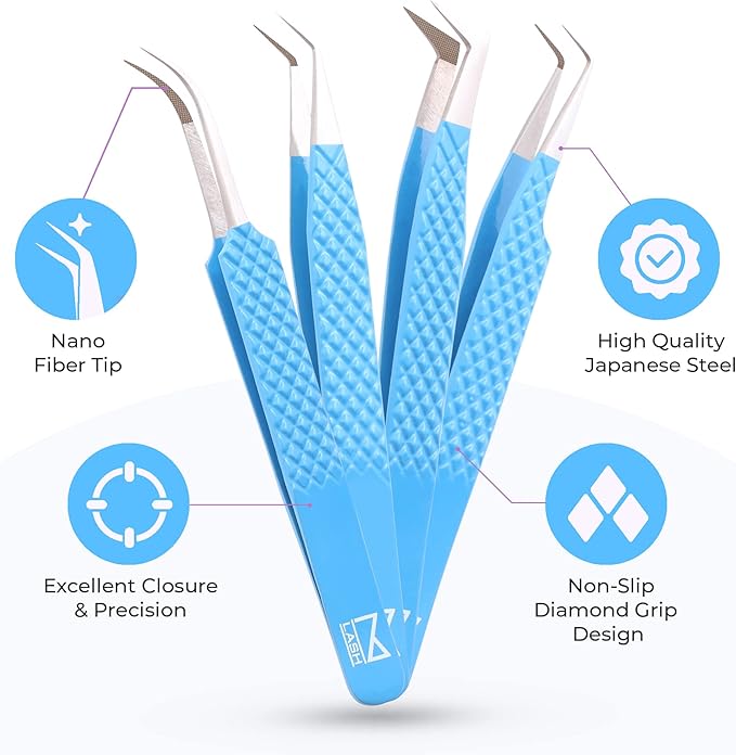 M LASH Tweezers for Eyelash Extensions (Set of 4) - Professional Lash Extension Tweezers - Fiber Tip, Japanese Steel, Diamond Grip Eyelash Extension Tweezer (Tranquil Blue)