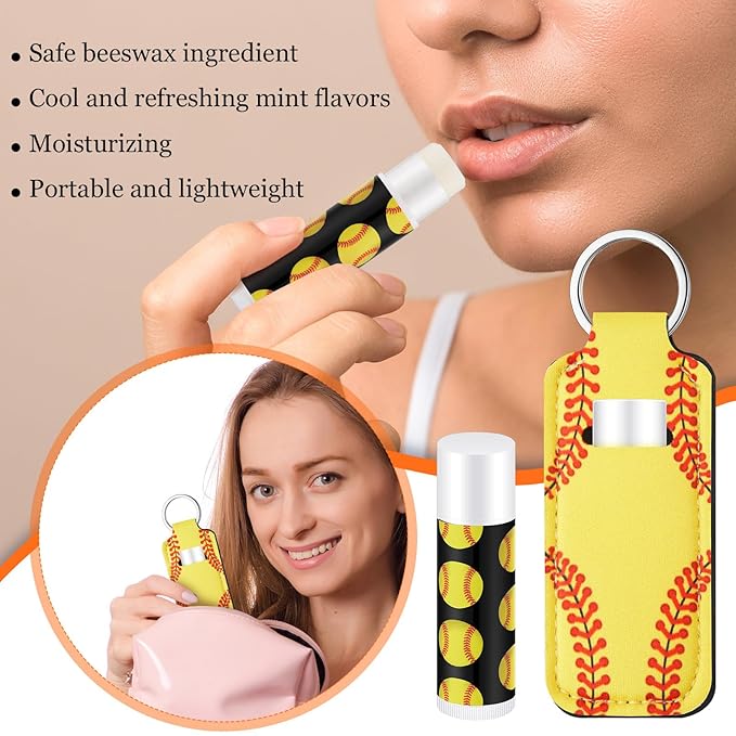 18 Sets Party Favors Lip Balm and Lipstick Holder Keychain Bulk Sport Ball Team Gifts Natural Moisturizing Lip Balm Keychains Pouch for Team Gifts Sports Party Supplies(Softball)