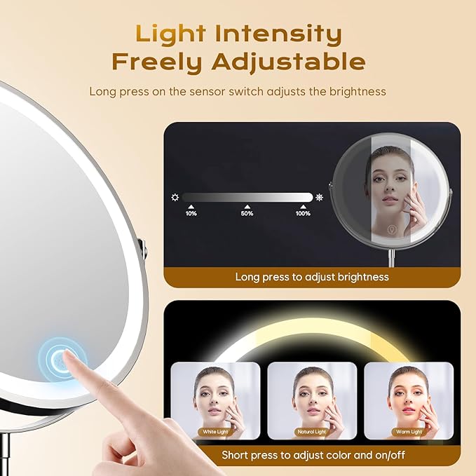 9" Makeup Mirror with Lights, 1x/20x360° Rotation Vanity Mirror, 5000mAh Rechargeable Double Sided Mirror with 3 Colors, Brightness Adjustable Lighted Makeup Mirror with Magnification, Women Gift