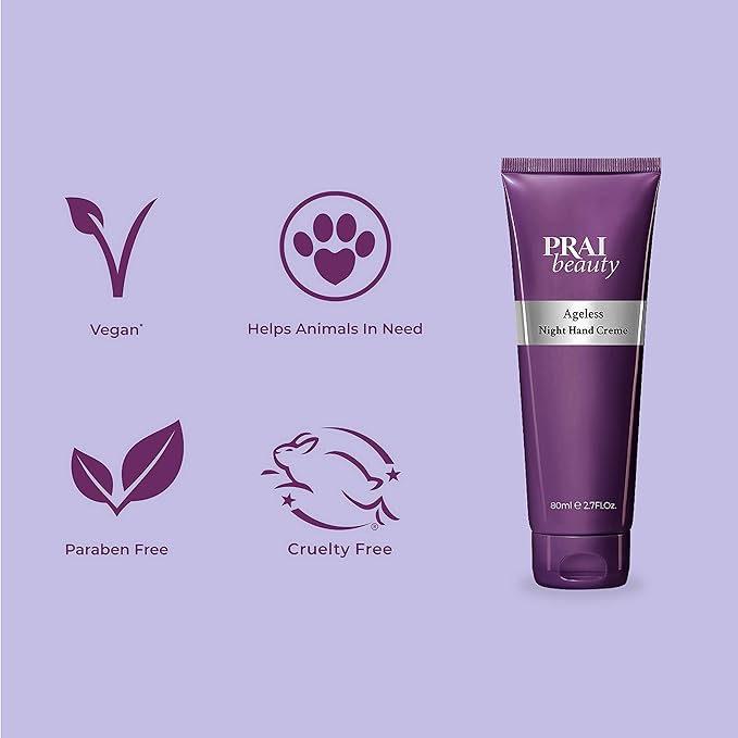 PRAI Beauty Ageless Night Hand Creme Anti-Aging and Nourishing Hand Cream, Hand Cream for Dry Cracked Hands, Paraben-Free, Vegan, Gluten-Free, 2.7 Fl Oz