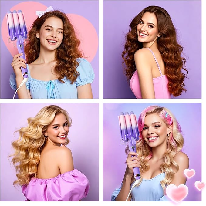 3 Barrel Curling Iron Hair Crimper: Aleath Dual Voltage Adjustable Temperature Three Barrels Hair Waver - Ceramic 1 inch Curler Wand（Purple）