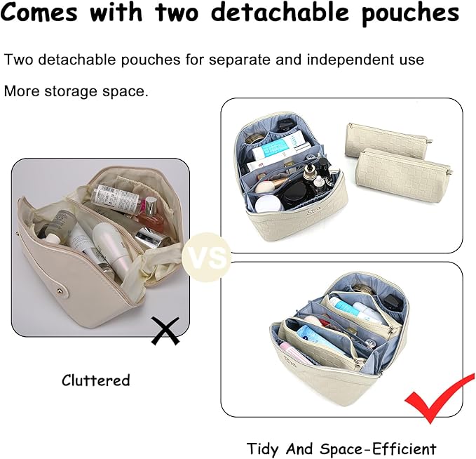 Travel Makeup Bag Organizer Cosmetic Bag: 3 Pcs Set Make up Bags for Women with Handle - Waterproof Vegan Leather Toiletry Bags with Comparments (Beige)