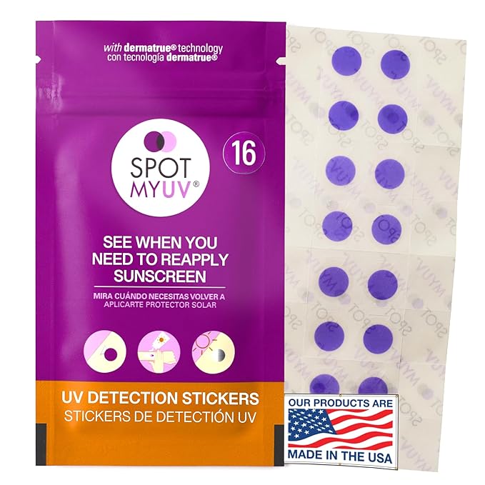 SPOTMYUV UV Detection Stickers for Sunscreen with Patented DERMATRUE SPF Sensing Technology | KNOW WHEN TO REAPPLY SUNSCREEN TO HELP PREVENT SUNBURN - 16 Count