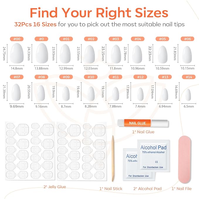 Modelones White Press on Nails Almond, Short Almond Fake Nails, Reusable Nail Kit with Nail Glue Adhesive Tabs Mini Nail File, Nails Press Ons 32Pcs 16 Sizes, Women Girl Gift