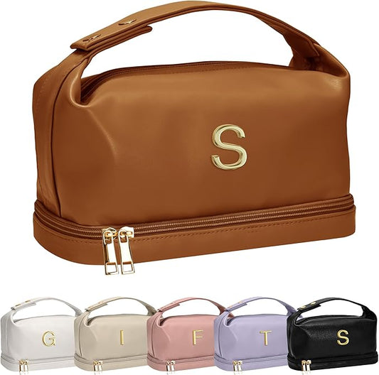 Birthday Gifts for Women 30s, Personalized Makeup Bag with Handle, Initial Double Layer Cosmetic Bag with Makeup Brush Organizer, Cute Cosmetic Pouch for Women, Gifts for Friends Female Mom