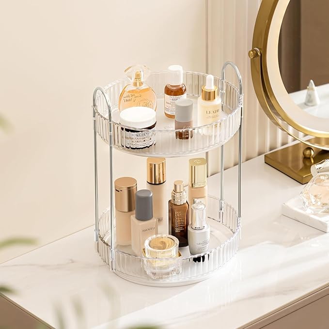 360 Rotating Makeup Organizer Countertop Clear 2 Tier Bathroom Organizer Spinning Perfume Organizers, Skincare Organizers Makeup Carousel with Silver Handle Cosmetic Brush Storage
